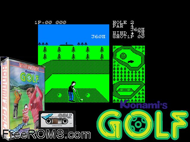 Konami's Golf (UK) (1986) [a1] Amstrad CPC game showing 3D box cover and gameplay screenshot